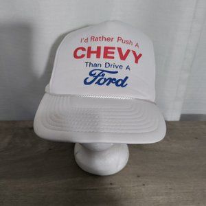 Vtg I'D RATHER PUSH MY CHEVY THAN DRIVE A FORD ADVERTISING SNAPBACK HAT‎ White